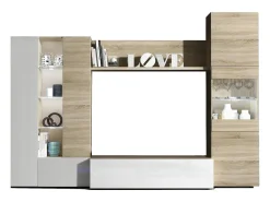 Dmora Sistema de parede Raleigh, armário de sala modular para TV, composição de sala com móveis de parede e vitrines e luz LED, 260x42h185 cm, carvalho e branco Castanho