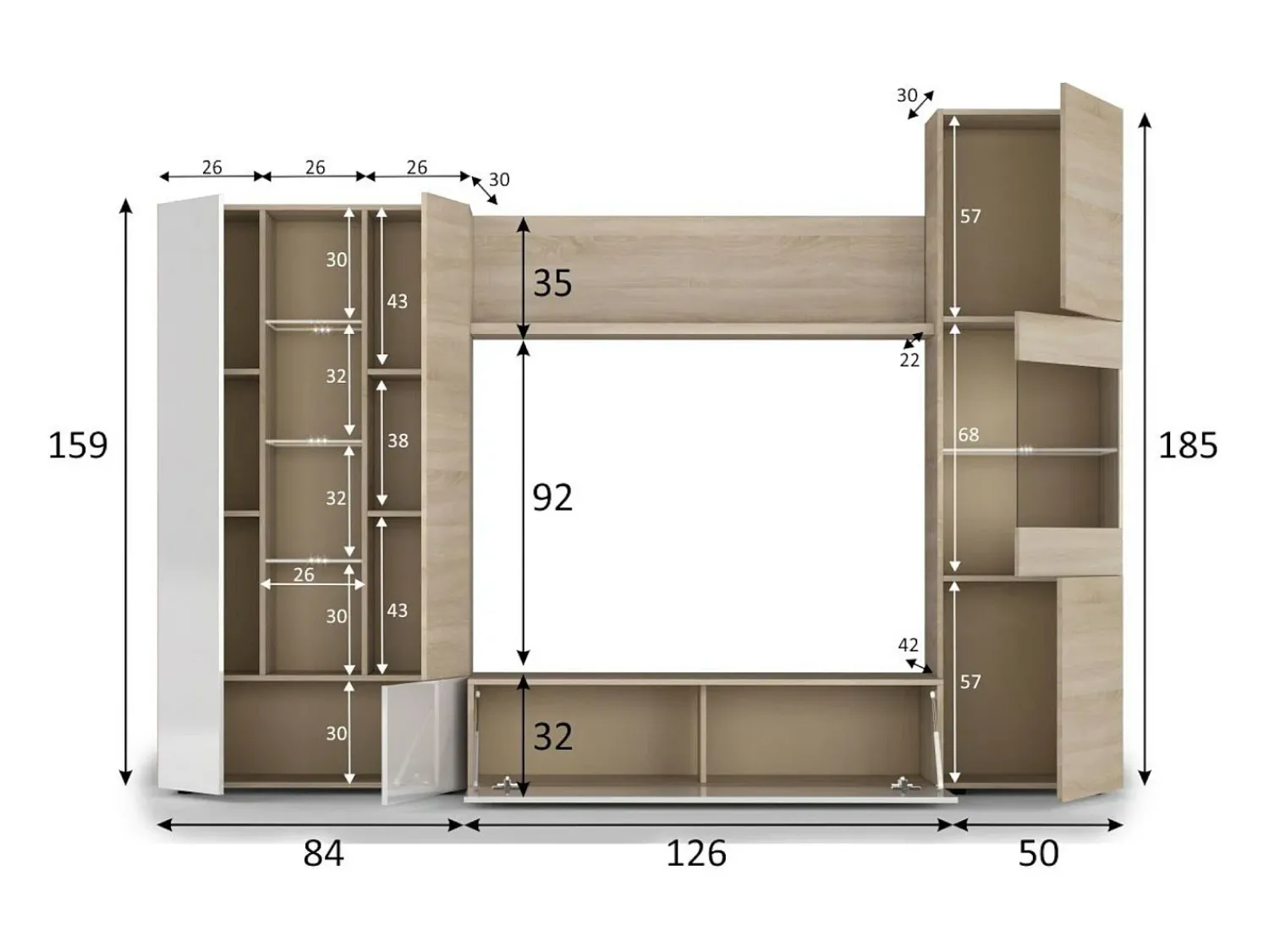 Dmora Sistema de parede Raleigh, armário de sala modular para TV, composição de sala com móveis de parede e vitrines e luz LED, 260x42h185 cm, carvalho e branco Castanho