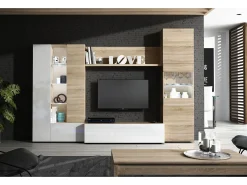 Dmora Sistema de parede Raleigh, armário de sala modular para TV, composição de sala com móveis de parede e vitrines e luz LED, 260x42h185 cm, carvalho e branco Castanho