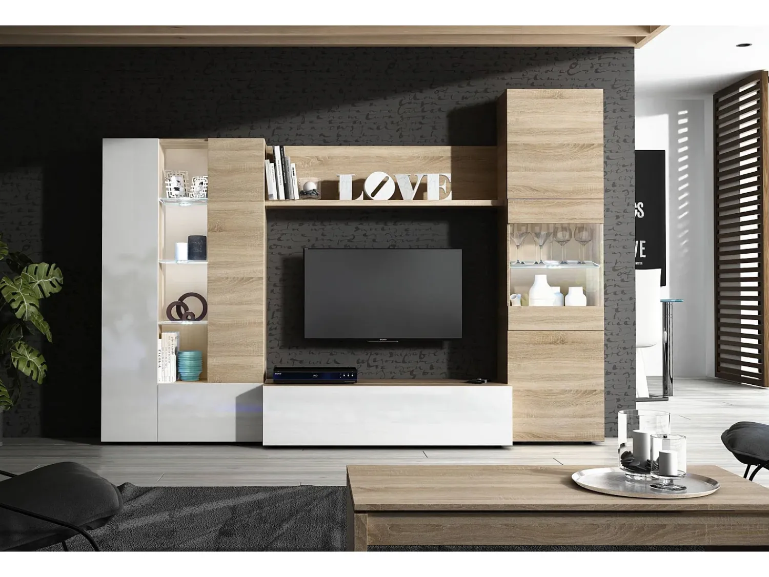 Dmora Sistema de parede Raleigh, armário de sala modular para TV, composição de sala com móveis de parede e vitrines e luz LED, 260x42h185 cm, carvalho e branco Castanho