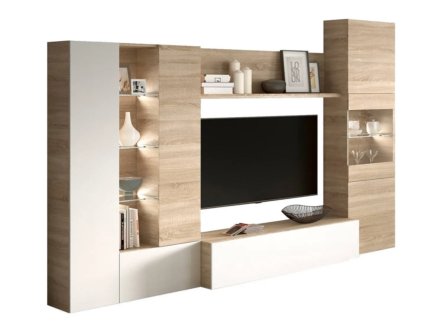 Dmora Sistema de parede Raleigh, armário de sala modular para TV, composição de sala com móveis de parede e vitrines e luz LED, 260x42h185 cm, carvalho e branco Castanho