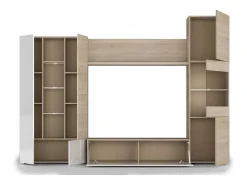 Dmora Sistema de parede Raleigh, armário de sala modular para TV, composição de sala com móveis de parede e vitrines e luz LED, 260x42h185 cm, carvalho e branco Castanho