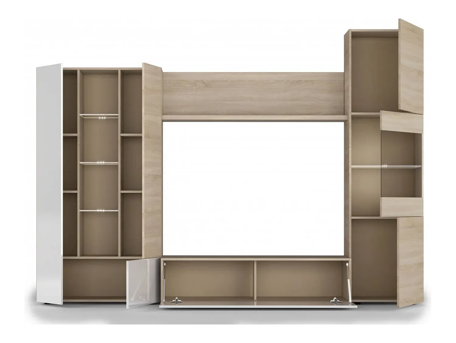 Dmora Sistema de parede Raleigh, armário de sala modular para TV, composição de sala com móveis de parede e vitrines e luz LED, 260x42h185 cm, carvalho e branco Castanho