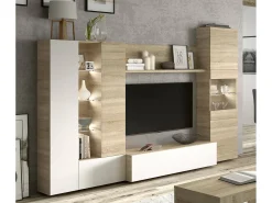 Dmora Sistema de parede Raleigh, armário de sala modular para TV, composição de sala com móveis de parede e vitrines e luz LED, 260x42h185 cm, carvalho e branco Castanho
