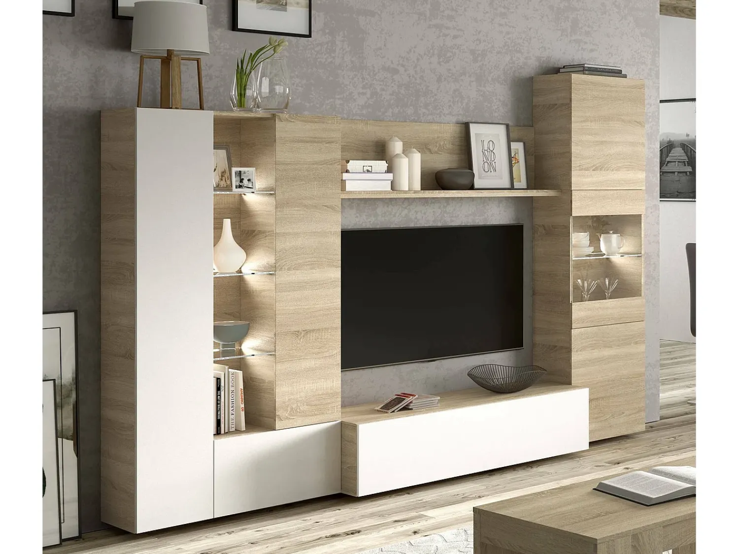 Dmora Sistema de parede Raleigh, armário de sala modular para TV, composição de sala com móveis de parede e vitrines e luz LED, 260x42h185 cm, carvalho e branco Castanho