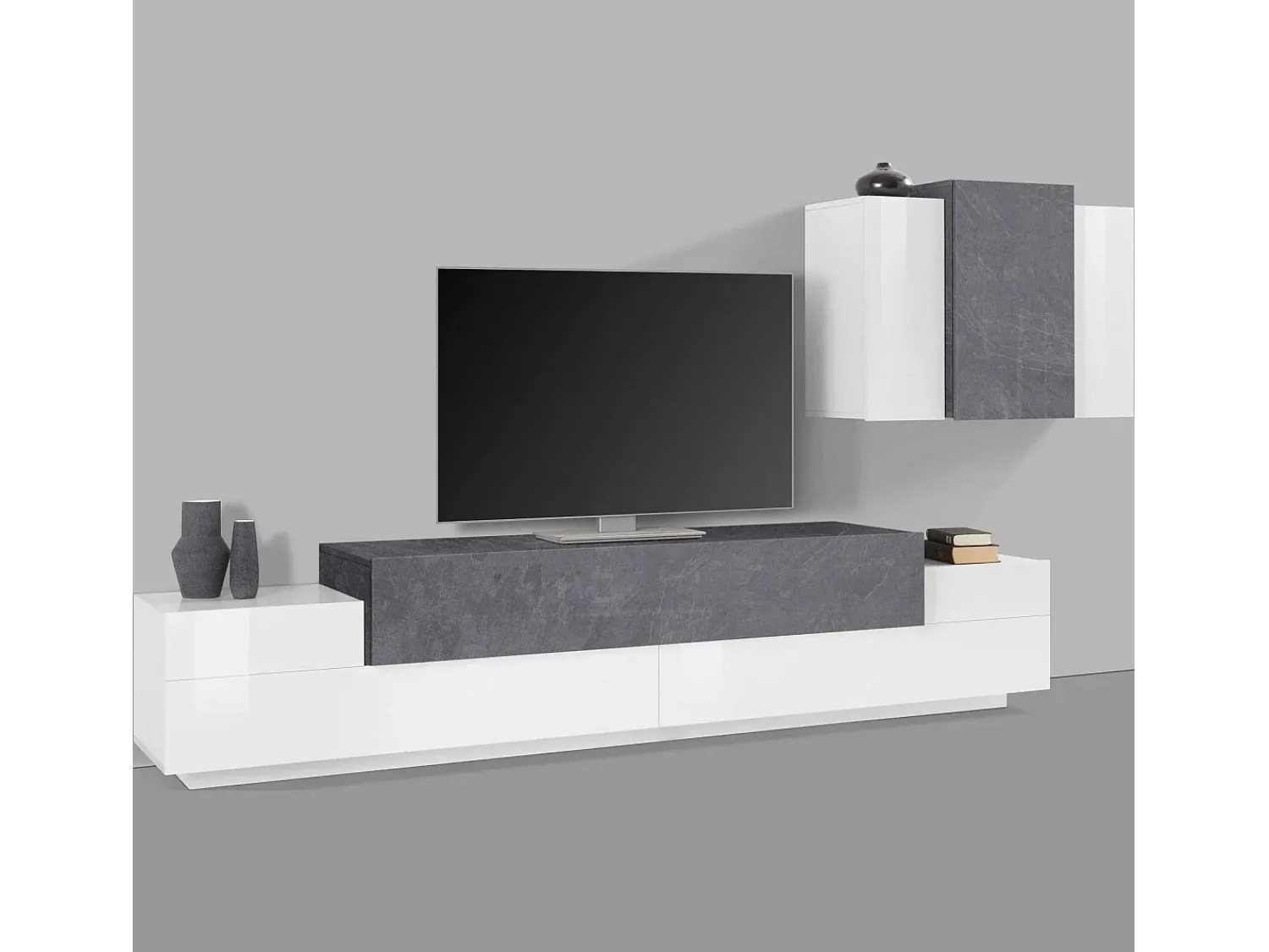 Móvel De Tv|Dmora Sistema de parede Ruben, conjunto de sala de TV, móveis de sala multiuso, 100% fabricado na Itália, 240x45h180 cm, brilhante e ardósia Branco