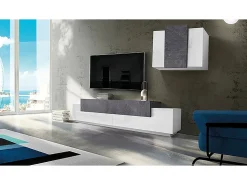 Móvel De Tv|Dmora Sistema de parede Ruben, conjunto de sala de TV, móveis de sala multiuso, 100% fabricado na Itália, 240x45h180 cm, brilhante e ardósia Branco