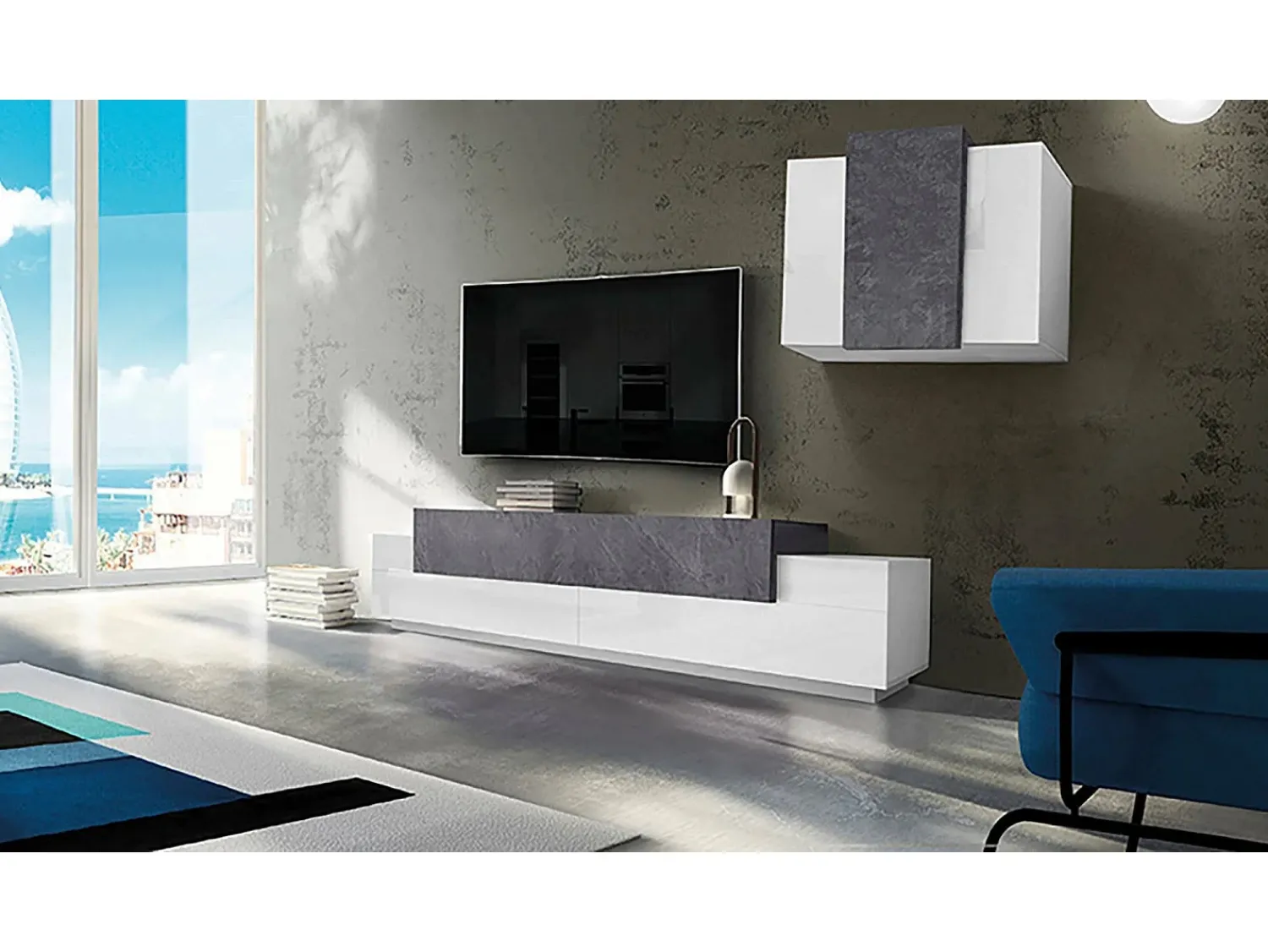 Móvel De Tv|Dmora Sistema de parede Ruben, conjunto de sala de TV, móveis de sala multiuso, 100% fabricado na Itália, 240x45h180 cm, brilhante e ardósia Branco