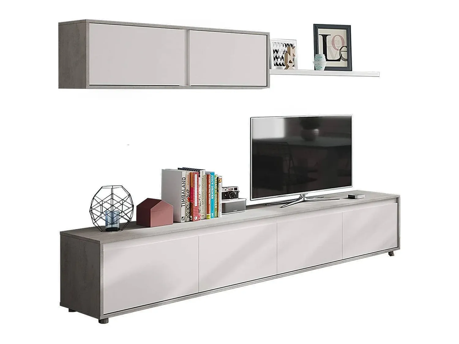 Clearance Dmora Sistema de parede Savannah, móvel de sala de TV, composição de conjunto de sala, conjunto de sala com móvel de parede, 200x41h43 cm, e Cimento Branco