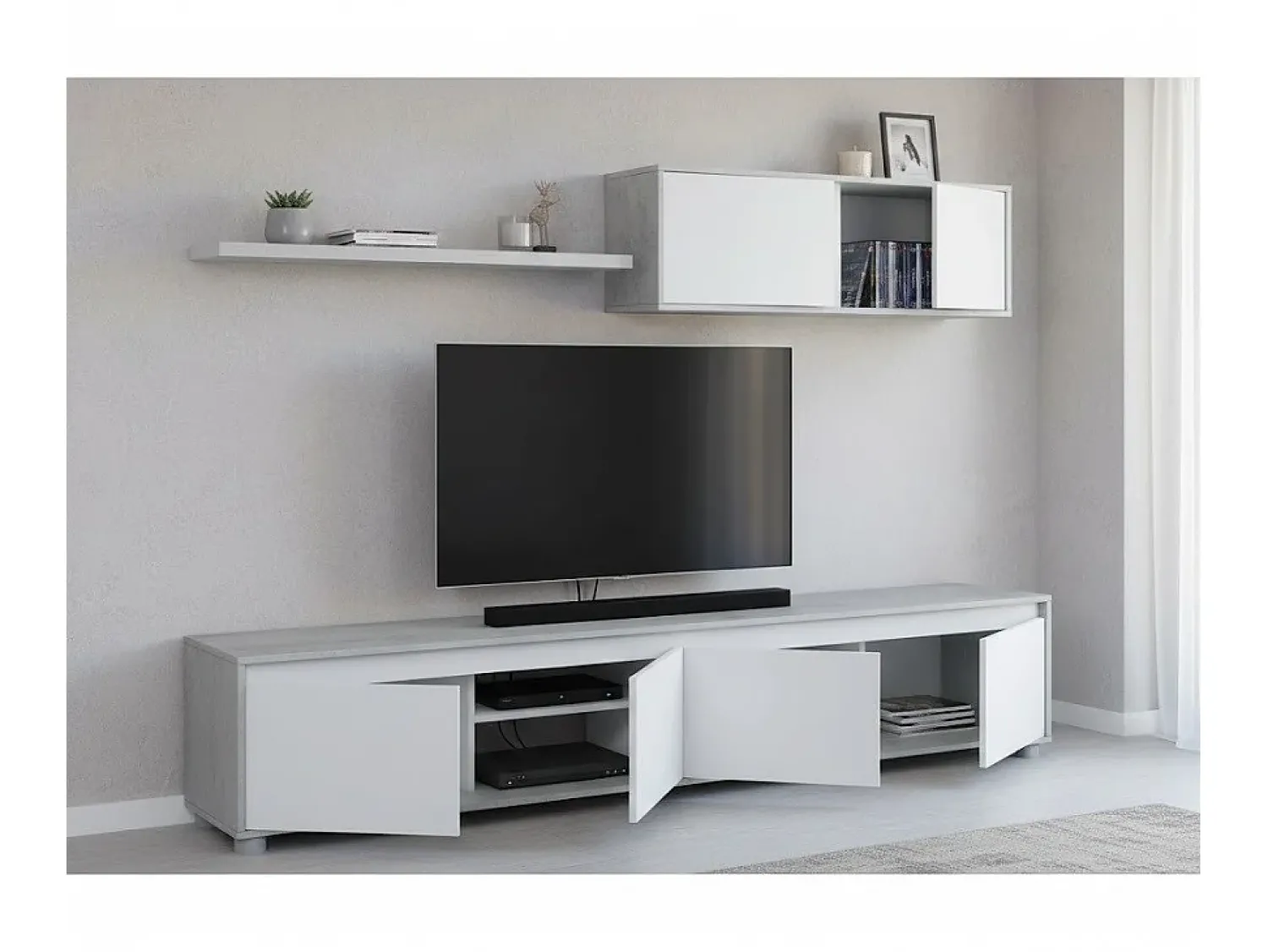 Clearance Dmora Sistema de parede Savannah, móvel de sala de TV, composição de conjunto de sala, conjunto de sala com móvel de parede, 200x41h43 cm, e Cimento Branco