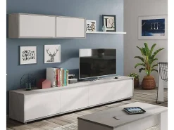 Clearance Dmora Sistema de parede Savannah, móvel de sala de TV, composição de conjunto de sala, conjunto de sala com móvel de parede, 200x41h43 cm, e Cimento Branco