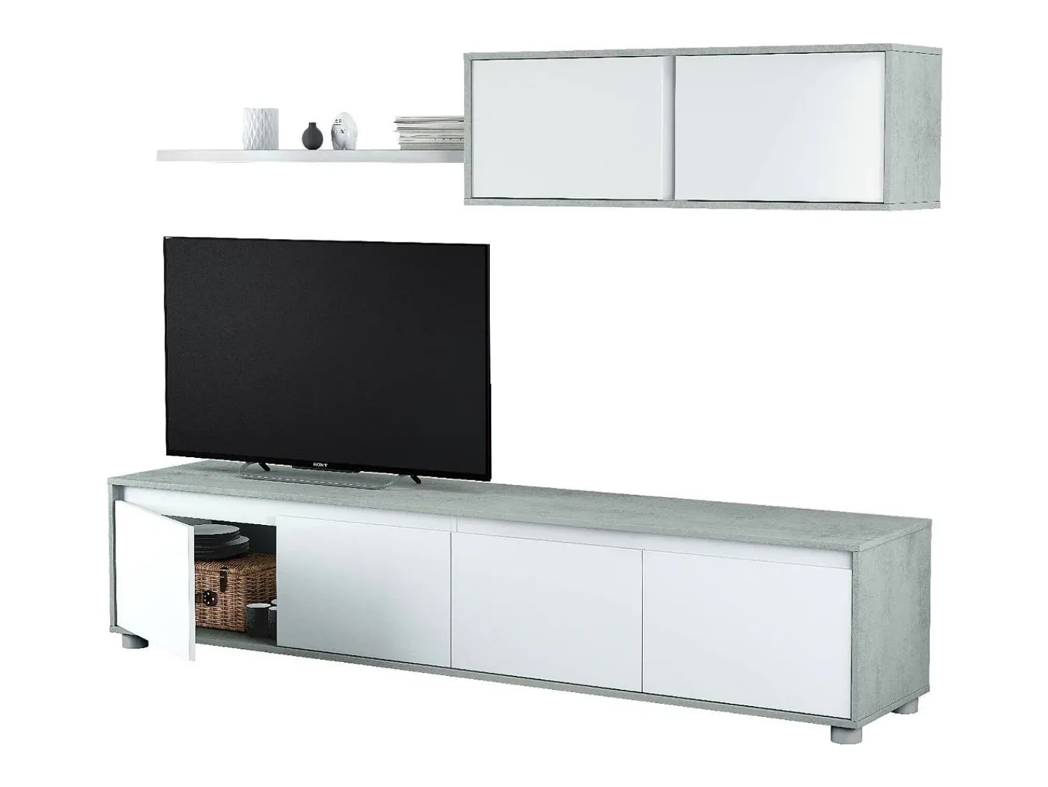 Clearance Dmora Sistema de parede Savannah, móvel de sala de TV, composição de conjunto de sala, conjunto de sala com móvel de parede, 200x41h43 cm, e Cimento Branco