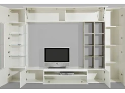 Móvel De Tv|Dmora Sistema Ocean Wall, móvel de sala de TV, móveis de sala multiuso com luz LED, 100% Fabricado na Itália, 290x40h192 cm, brilhante e concreto Branco