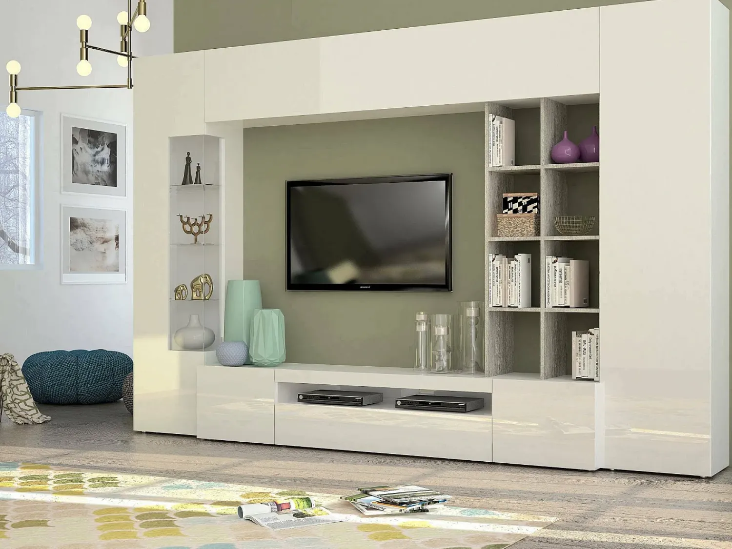 Móvel De Tv|Dmora Sistema Ocean Wall, móvel de sala de TV, móveis de sala multiuso com luz LED, 100% Fabricado na Itália, 290x40h192 cm, brilhante e concreto Branco