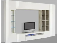Móvel De Tv|Dmora Sistema Ocean Wall, móvel de sala de TV, móveis de sala multiuso com luz LED, 100% Fabricado na Itália, 290x40h192 cm, brilhante e concreto Branco