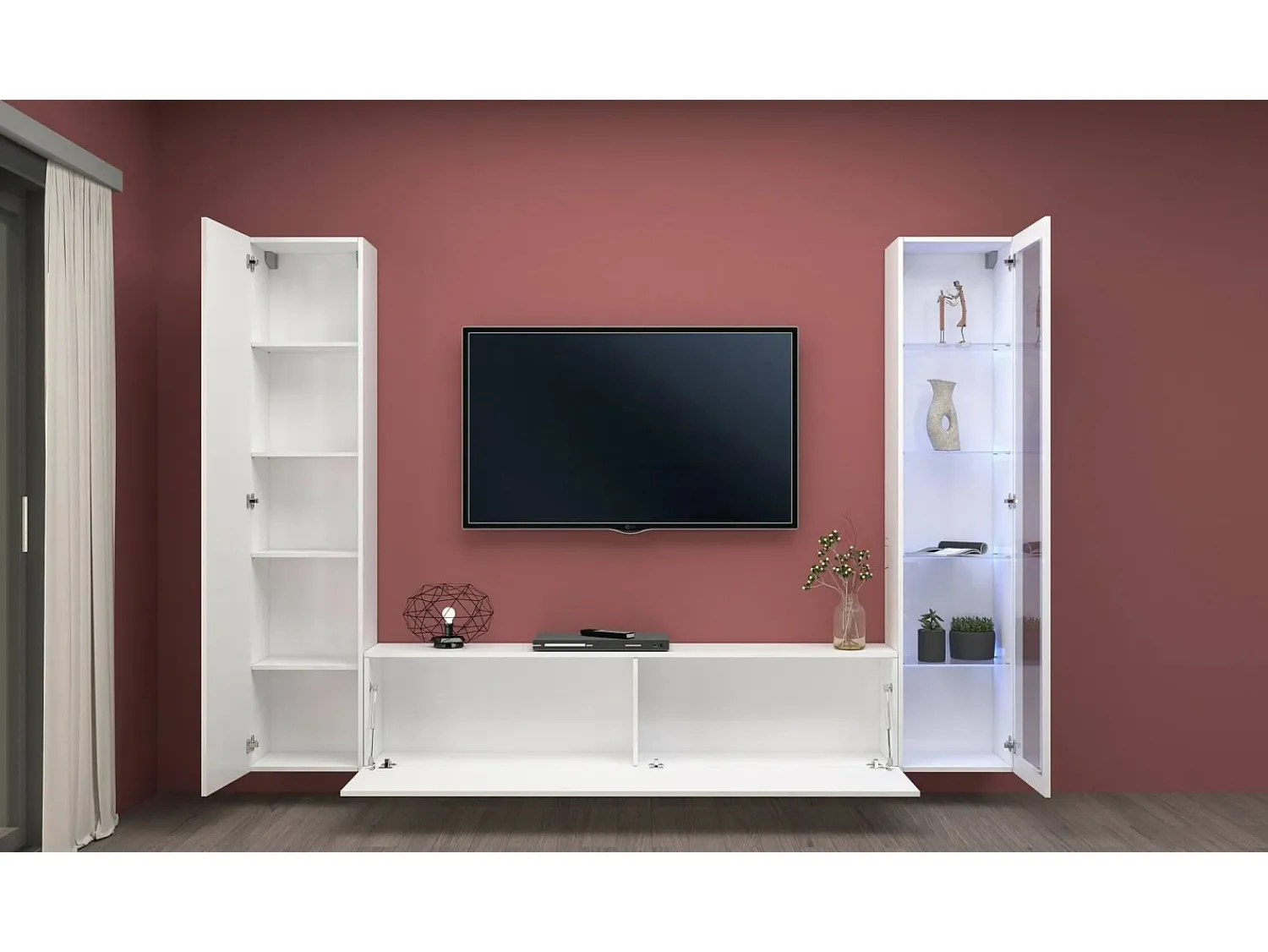 Clearance Dmora Sitema de parede Dekda, conjunto de ala de TV com 3 porta, móvei de ala multiuo com vitrine e luz LED, 100% Fabricado na Itália, 260x30h180 cm, brilhante Branco