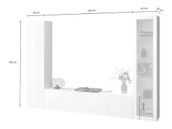 Clearance Dmora Sitema de parede Dekda, conjunto de ala de TV com 3 porta, móvei de ala multiuo com vitrine e luz LED, 100% Fabricado na Itália, 260x30h180 cm, brilhante Branco