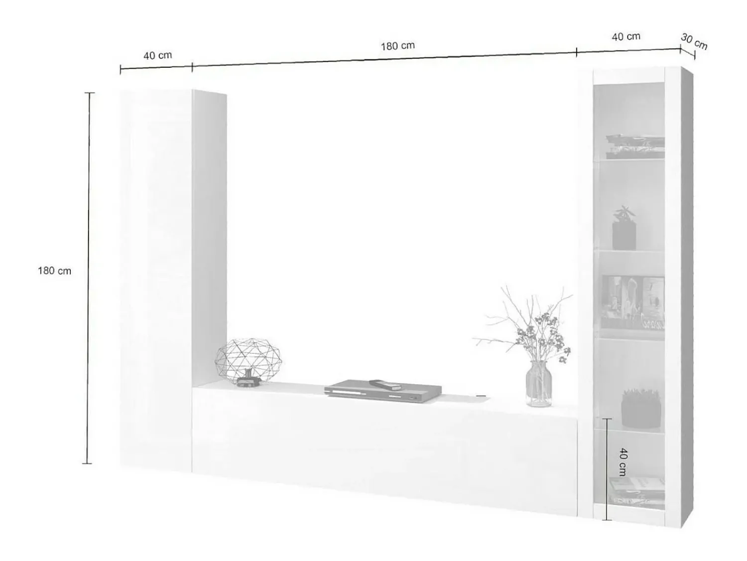 Clearance Dmora Sitema de parede Dekda, conjunto de ala de TV com 3 porta, móvei de ala multiuo com vitrine e luz LED, 100% Fabricado na Itália, 260x30h180 cm, brilhante Branco