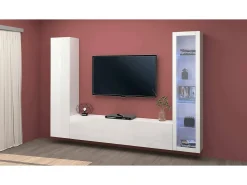 Clearance Dmora Sitema de parede Dekda, conjunto de ala de TV com 3 porta, móvei de ala multiuo com vitrine e luz LED, 100% Fabricado na Itália, 260x30h180 cm, brilhante Branco