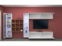 Móvel De Tv*Dmora Sitema de parede Dfancon, conjunto de ala de TV com 4 porta, móvei de ala multiuo com vitrine e luz LED, 100% Fabricado na Itália, 350x30h180 cm, brilhante Branco