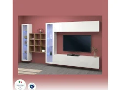 Móvel De Tv*Dmora Sitema de parede Dfancon, conjunto de ala de TV com 4 porta, móvei de ala multiuo com vitrine e luz LED, 100% Fabricado na Itália, 350x30h180 cm, brilhante Branco