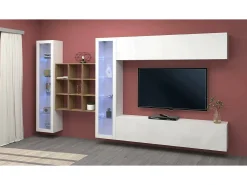 Móvel De Tv*Dmora Sitema de parede Dfancon, conjunto de ala de TV com 4 porta, móvei de ala multiuo com vitrine e luz LED, 100% Fabricado na Itália, 350x30h180 cm, brilhante Branco
