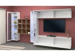 Móvel De Tv*Dmora Sitema de parede Dfancon, conjunto de ala de TV com 4 porta, móvei de ala multiuo com vitrine e luz LED, 100% Fabricado na Itália, 350x30h180 cm, brilhante Branco