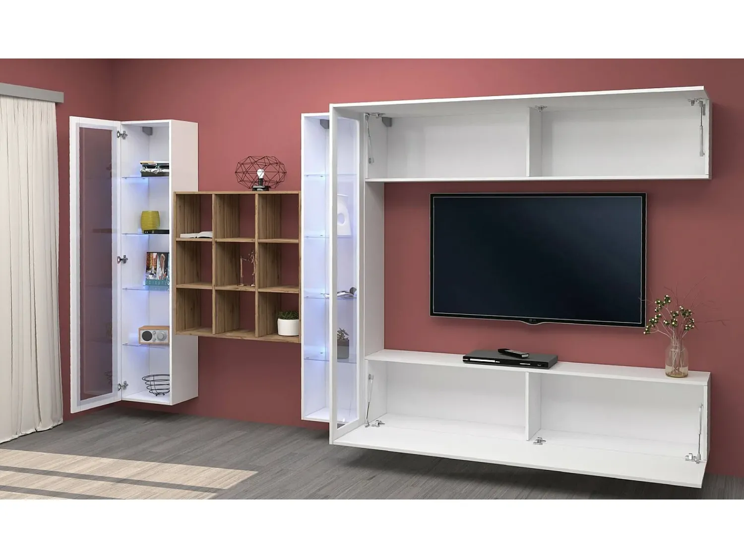 Móvel De Tv*Dmora Sitema de parede Dfancon, conjunto de ala de TV com 4 porta, móvei de ala multiuo com vitrine e luz LED, 100% Fabricado na Itália, 350x30h180 cm, brilhante Branco