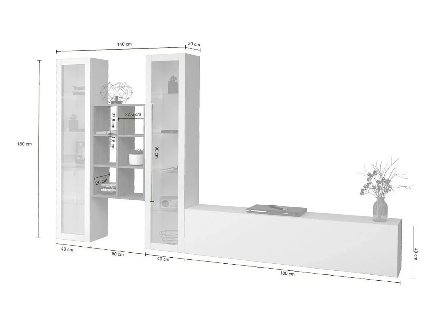 Móvel De Tv|Dmora Sitema de parede Ero, conjunto de ala de TV com 3 porta, mobiliário de ala multiuo com vitrine e luz LED, 100% Fabricado na Itália, 320x30h180 cm, brilhante Branco