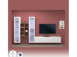 Móvel De Tv|Dmora Sitema de parede Ero, conjunto de ala de TV com 3 porta, mobiliário de ala multiuo com vitrine e luz LED, 100% Fabricado na Itália, 320x30h180 cm, brilhante Branco
