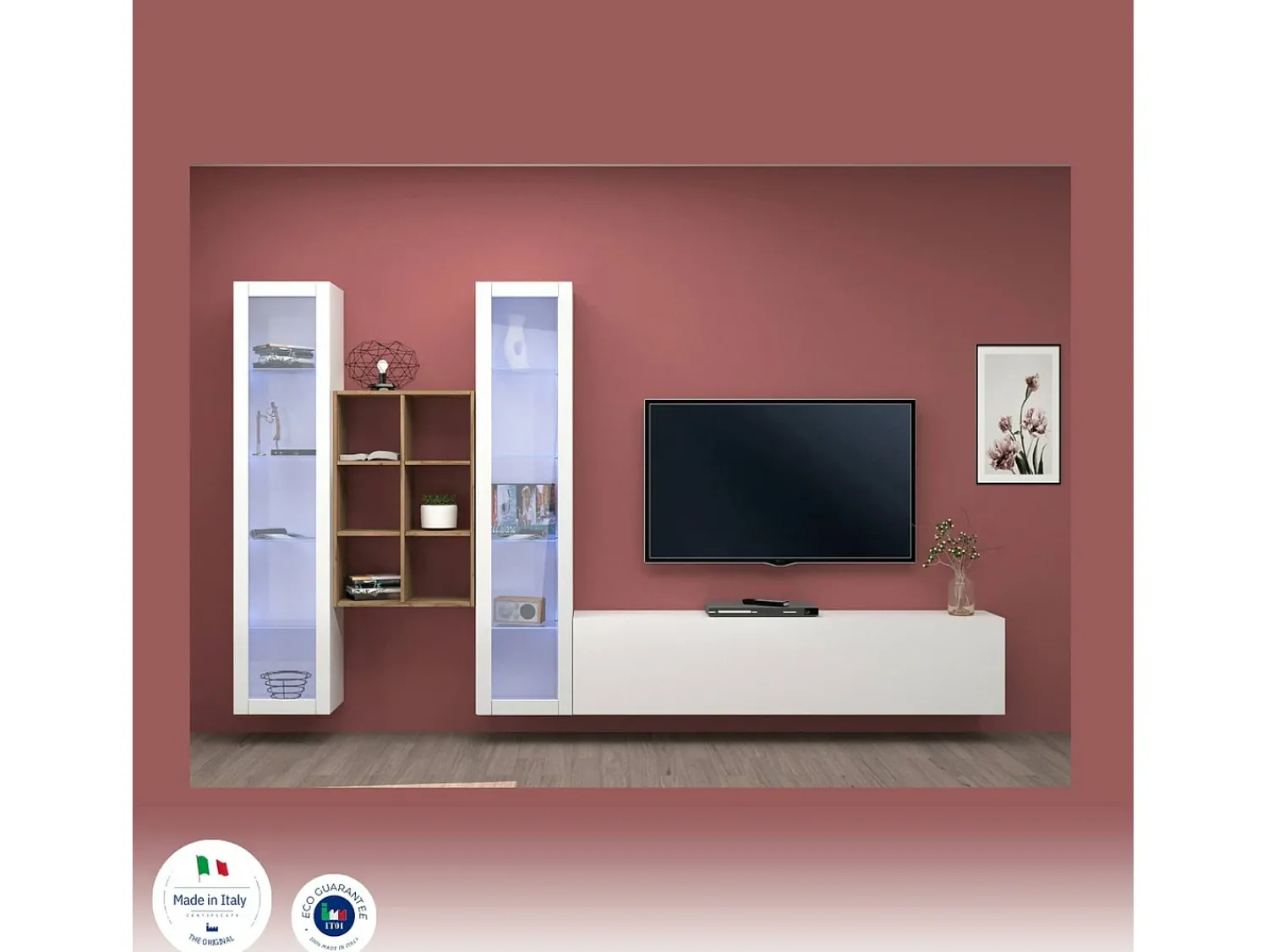 Móvel De Tv|Dmora Sitema de parede Ero, conjunto de ala de TV com 3 porta, mobiliário de ala multiuo com vitrine e luz LED, 100% Fabricado na Itália, 320x30h180 cm, brilhante Branco