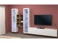 Móvel De Tv|Dmora Sitema de parede Ero, conjunto de ala de TV com 3 porta, mobiliário de ala multiuo com vitrine e luz LED, 100% Fabricado na Itália, 320x30h180 cm, brilhante Branco
