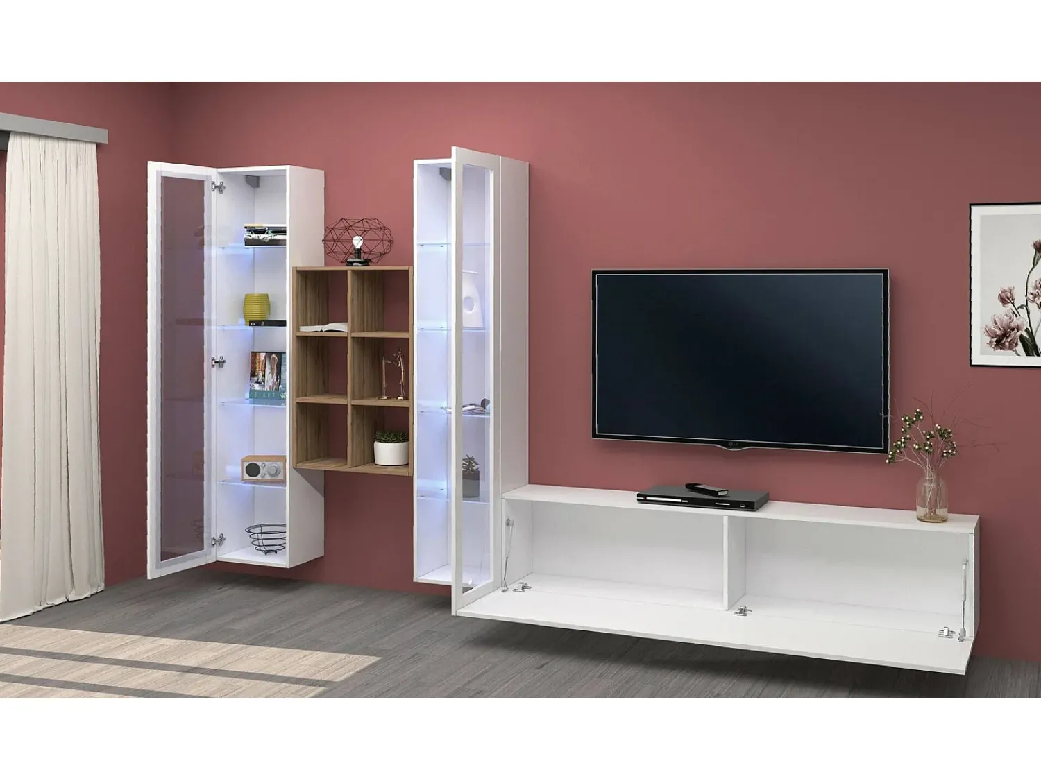 Móvel De Tv|Dmora Sitema de parede Ero, conjunto de ala de TV com 3 porta, mobiliário de ala multiuo com vitrine e luz LED, 100% Fabricado na Itália, 320x30h180 cm, brilhante Branco