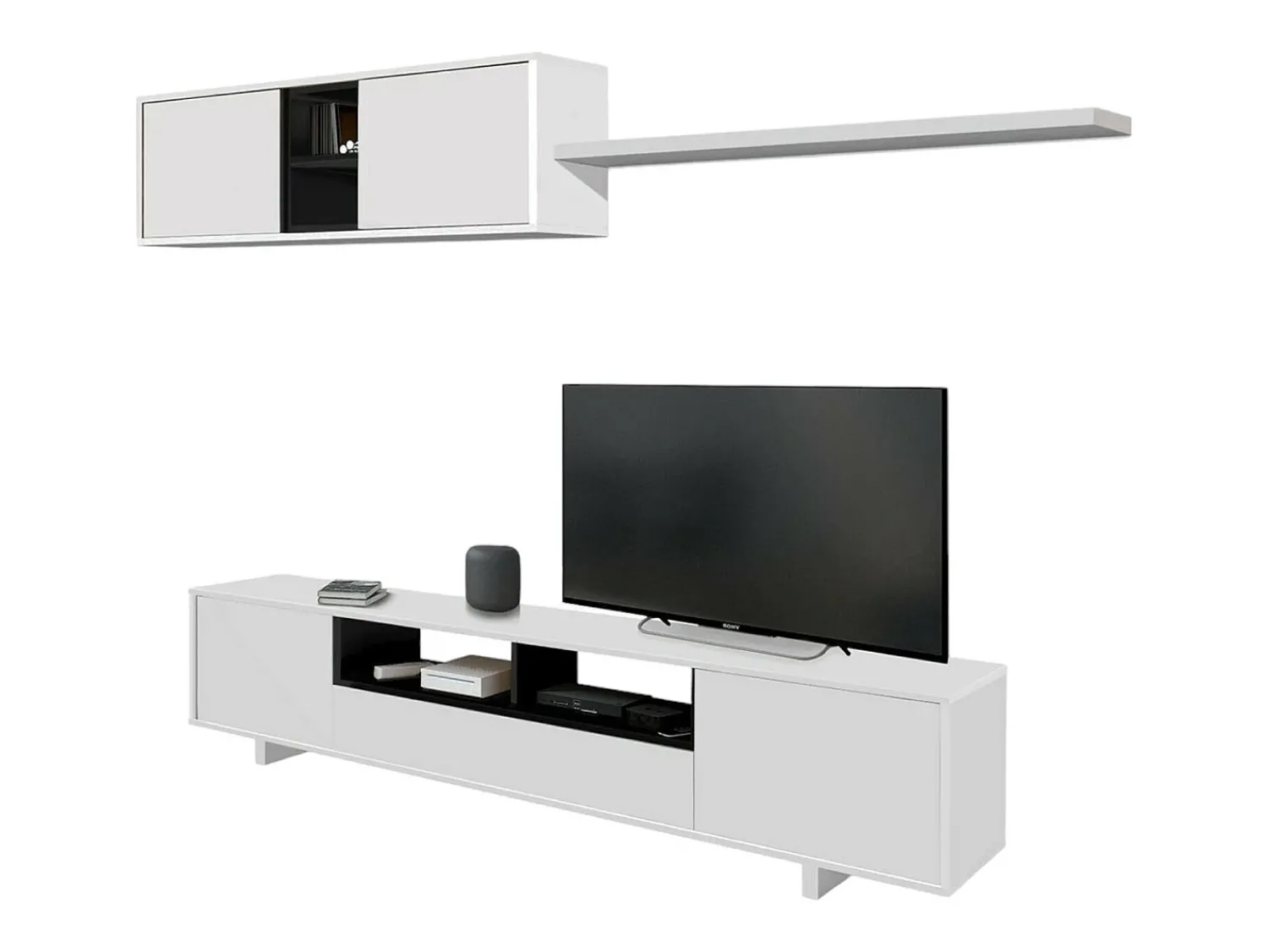 Móvel De Tv|Dmora Sitema de parede Hartford, móvel de ala de TV, compoição do conjunto de ala de etar, conjunto de ala de etar com móvel de parede, 200x41h46 cm, brilhante Branco