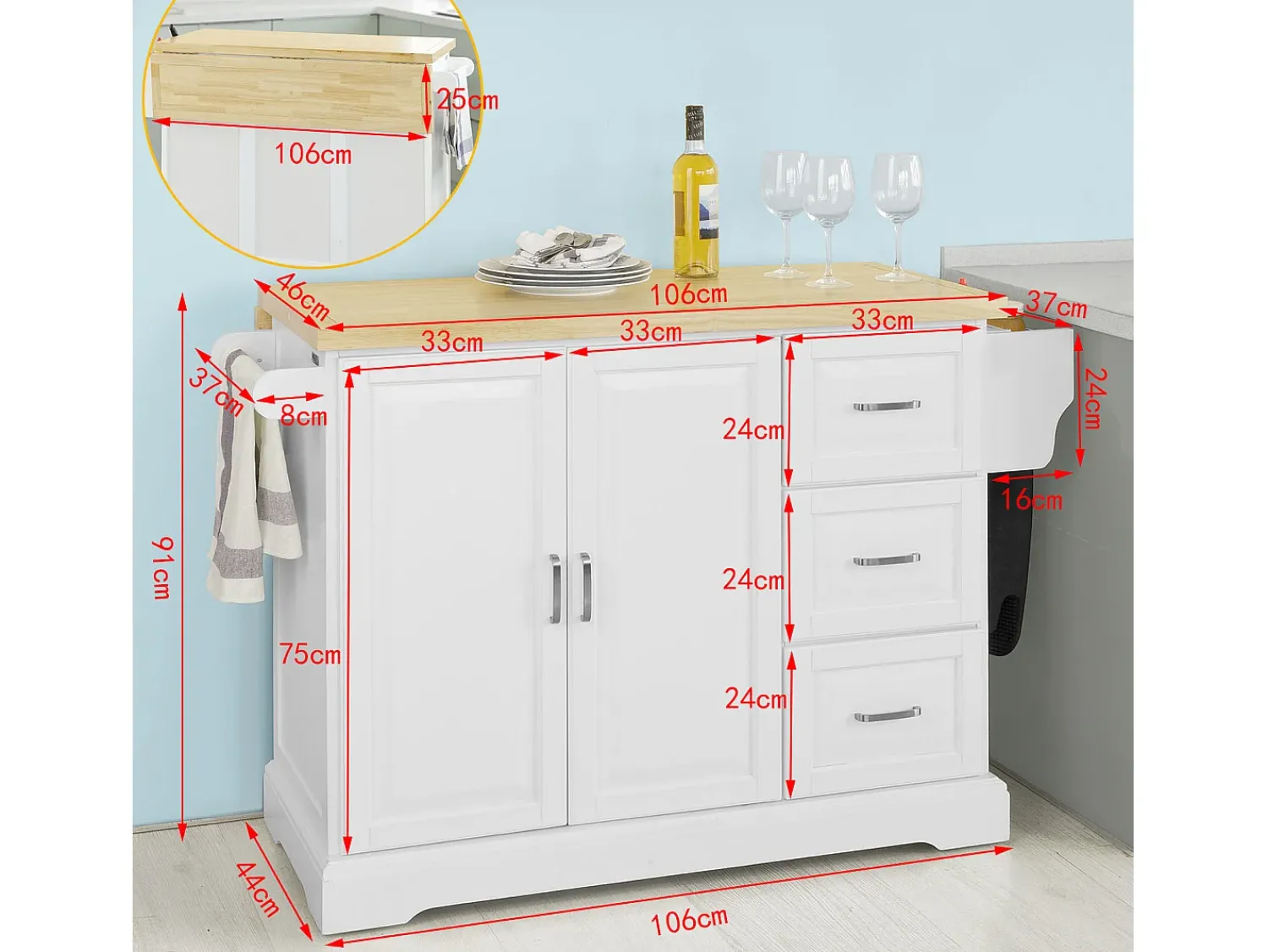 Móvel De Arrumação*Sobuy armário de cozinha, carrinho de cozinha, carrinho de cozinha com rodas FKW41-WN Branco