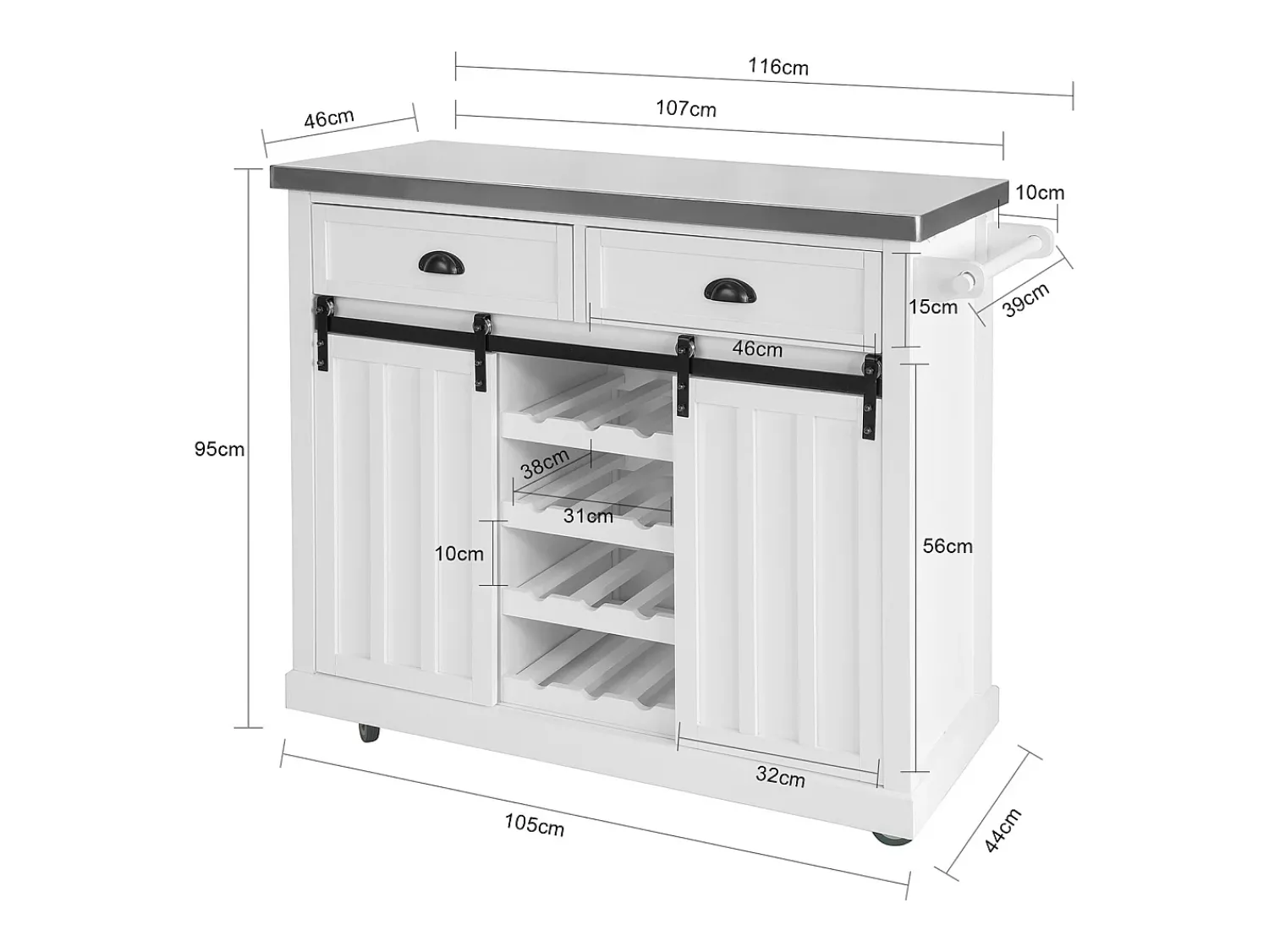 Móvel De Arrumação*Sobuy armário de cozinha, carrinho de cozinha, carrinho de cozinha com rodas FKW94-W Branco