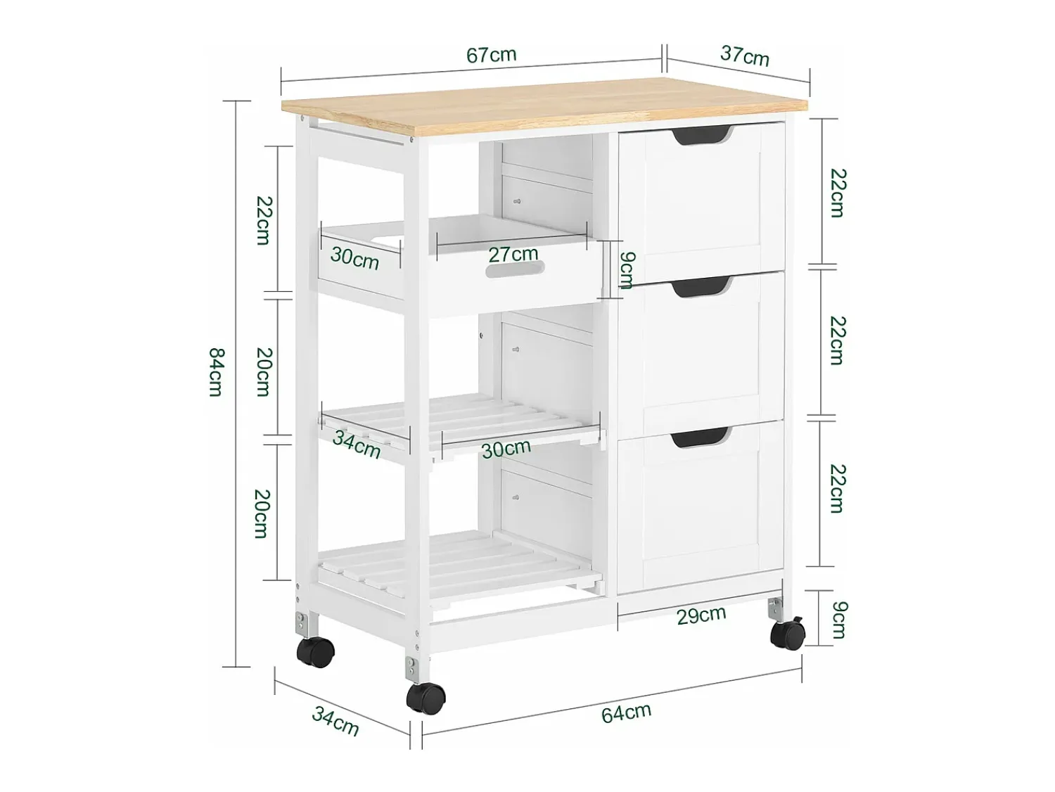 Móvel De Arrumação*Sobuy armário de cozinha, carrinho de cozinha, carrinho de cozinha com rodas FKW79-W Branco