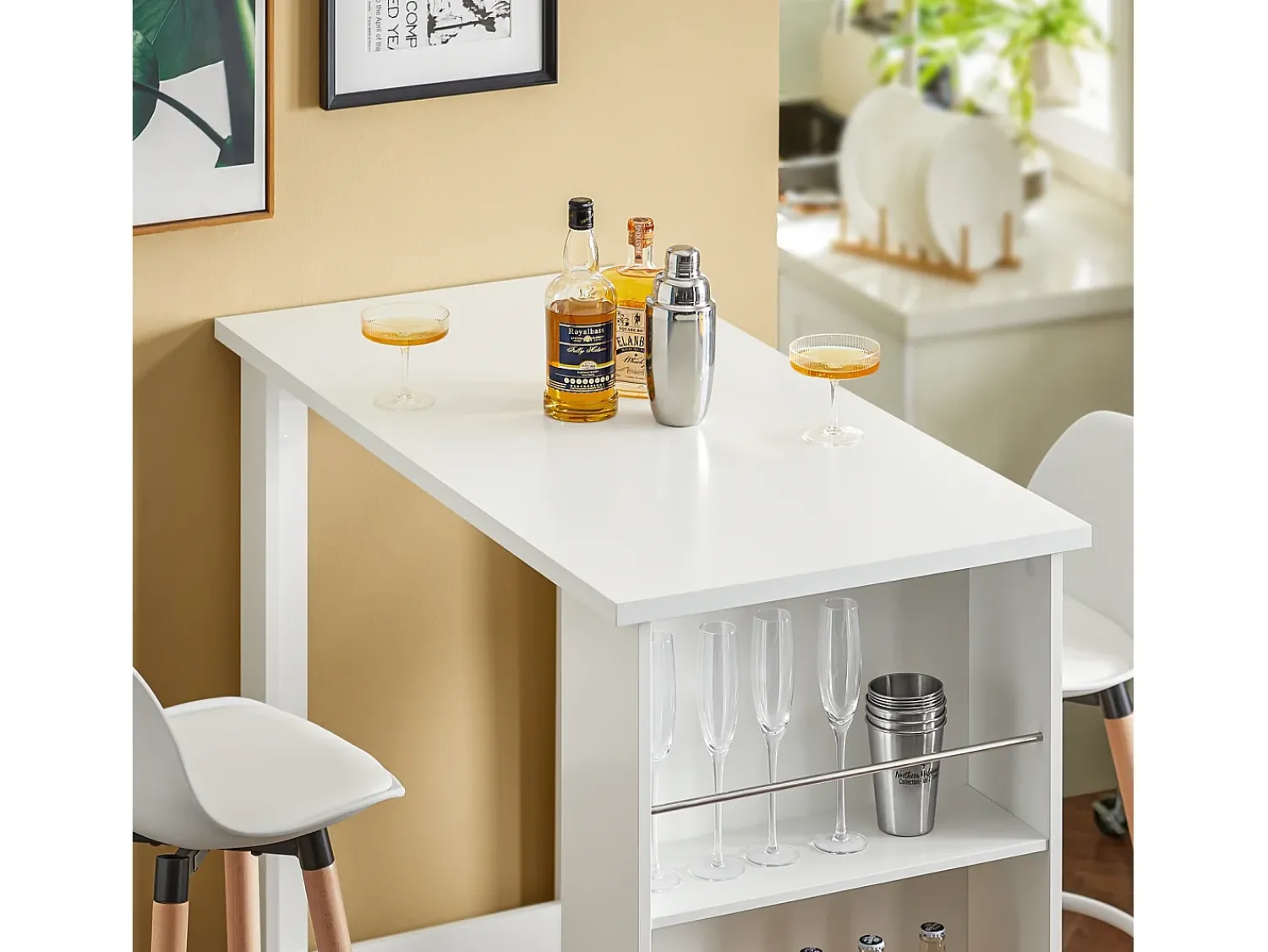 Sobuy Mesa de Cozinha Alta com Prateleiras, Design Poupa-Espaço, Branca^ Móvel De Bar