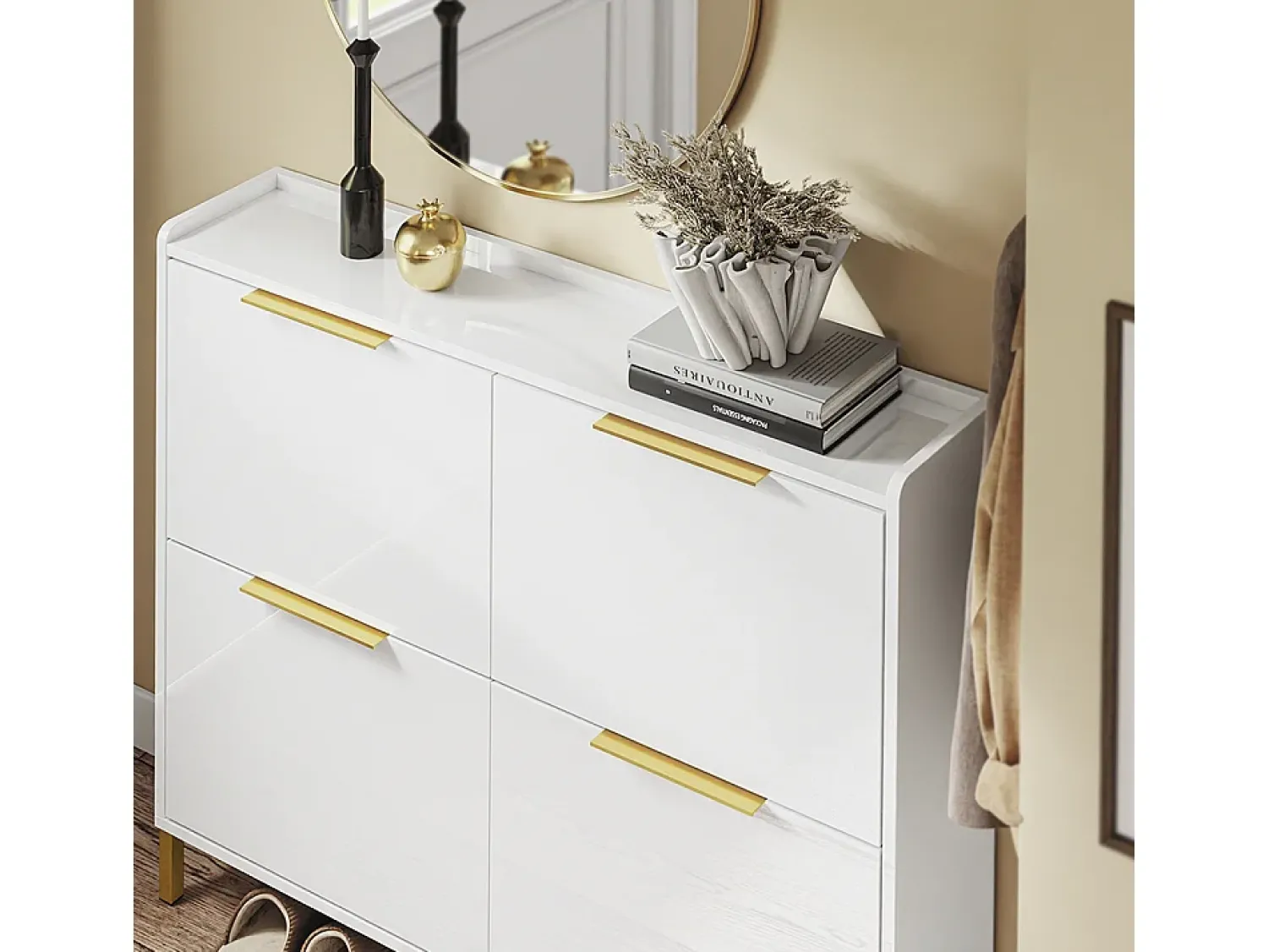 Móvel De Arrumação|Sapateira*Sobuy Sapateira 4 Portas Branca com Design Nórdico e Puxadores Dourados Branco