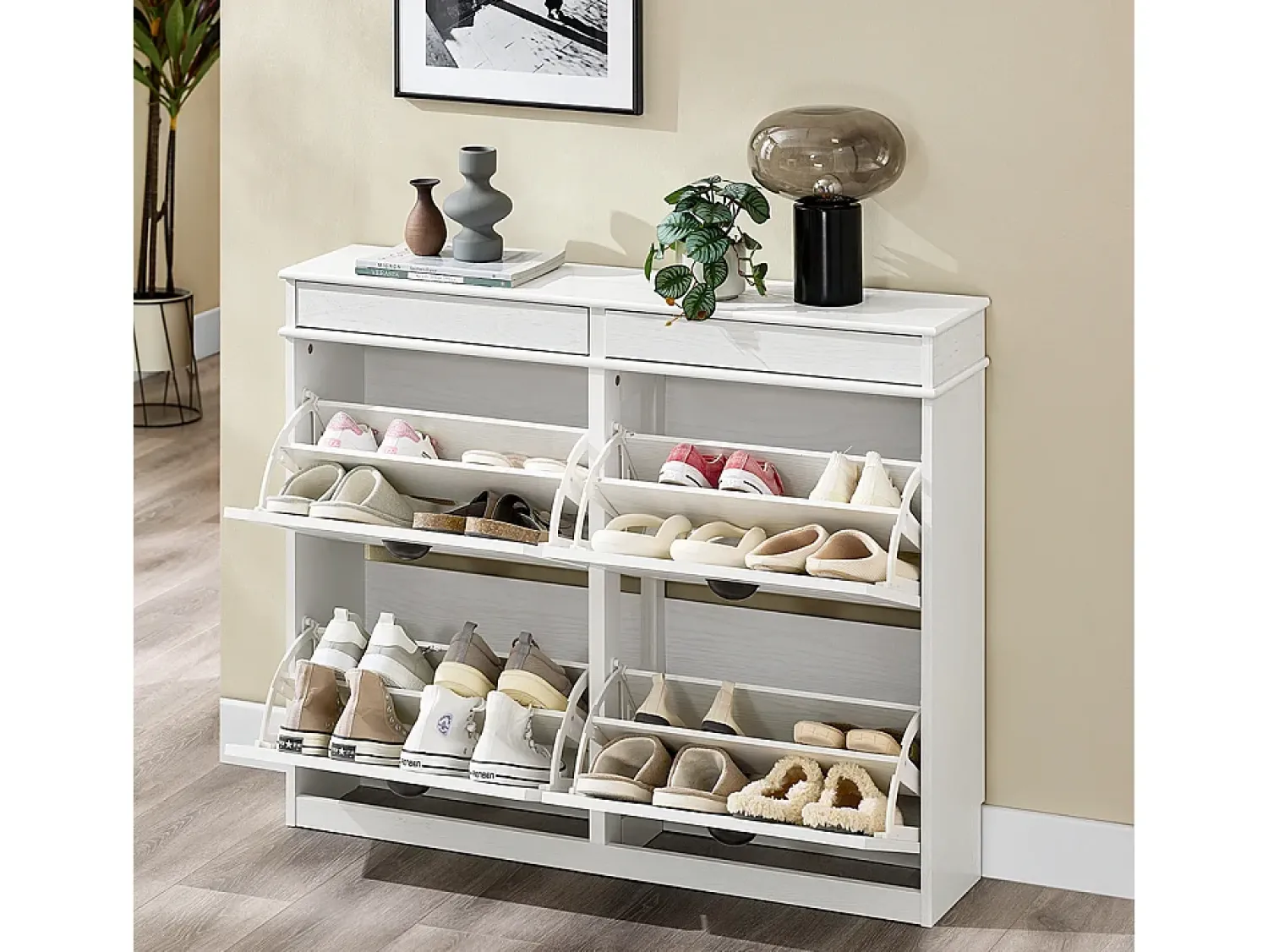 Sobuy Sapateira Fina Economizadora de Espaço com 4 Portas Dobráveis para Entrada Corredor ou Quarto Efeito Madeira Envelhecida Branca 103x23x82cm^ Móvel De Arrumação|Sapateira