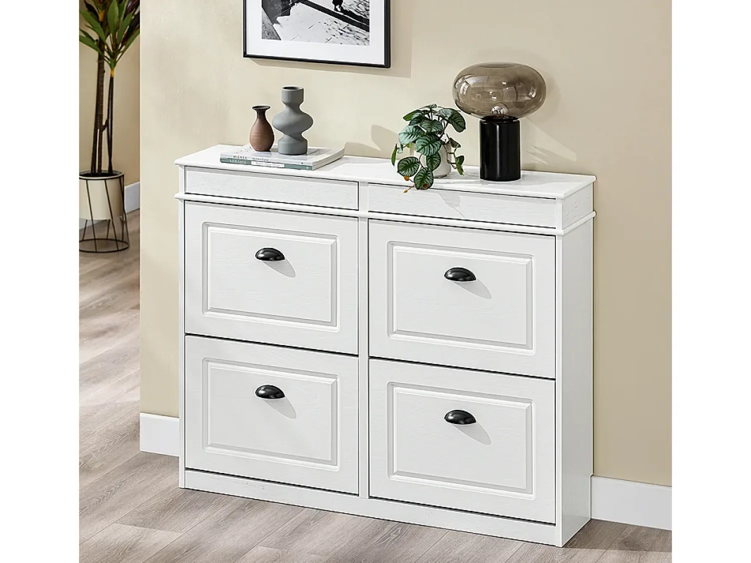 Sobuy Sapateira Fina Economizadora de Espaço com 4 Portas Dobráveis para Entrada Corredor ou Quarto Efeito Madeira Envelhecida Branca 103x23x82cm^ Móvel De Arrumação|Sapateira