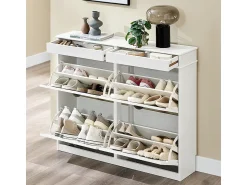 Sobuy Sapateira Fina Economizadora de Espaço com 4 Portas Dobráveis para Entrada Corredor ou Quarto Efeito Madeira Envelhecida Branca 103x23x82cm^ Móvel De Arrumação|Sapateira
