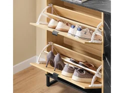 Hot Sobuy Sapateira fina economizadora de espaço com 2 portas rebatíveis para 8 pares de sapatos design moderno em mármore e madeira clara fixação anti-inclinação Preto