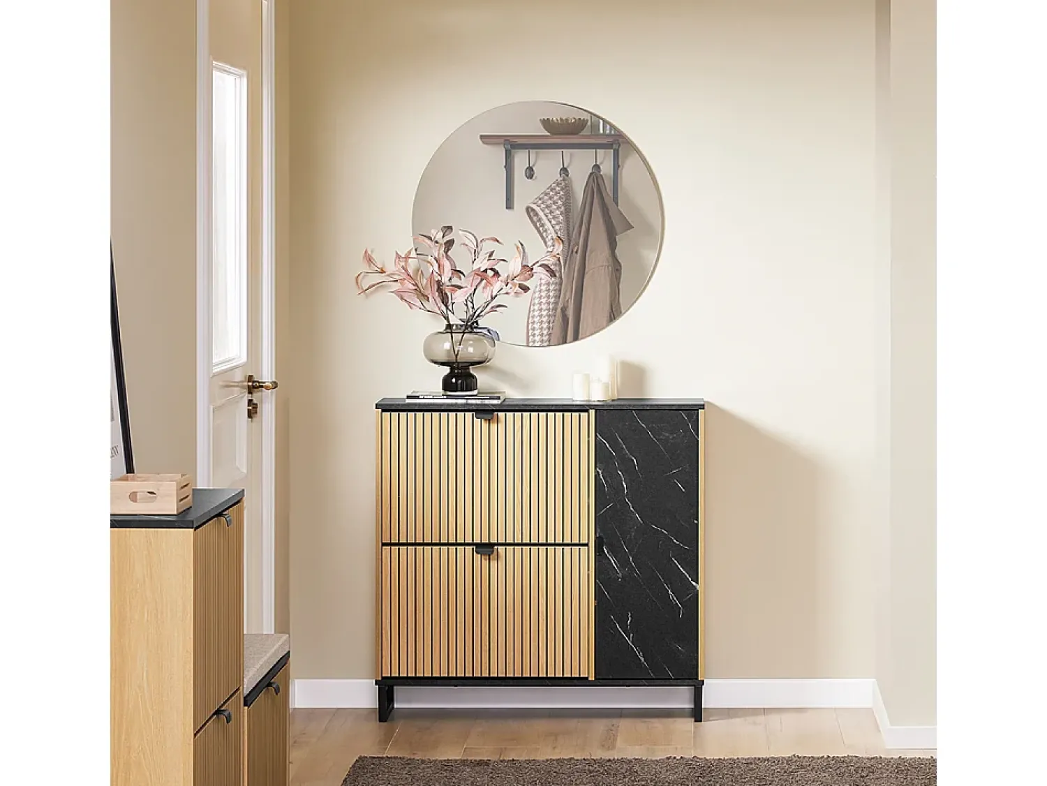 Hot Sobuy Sapateira fina economizadora de espaço com 2 portas rebatíveis para 8 pares de sapatos design moderno em mármore e madeira clara fixação anti-inclinação Preto