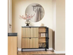 Hot Sobuy Sapateira fina economizadora de espaço com 2 portas rebatíveis para 8 pares de sapatos design moderno em mármore e madeira clara fixação anti-inclinação Preto