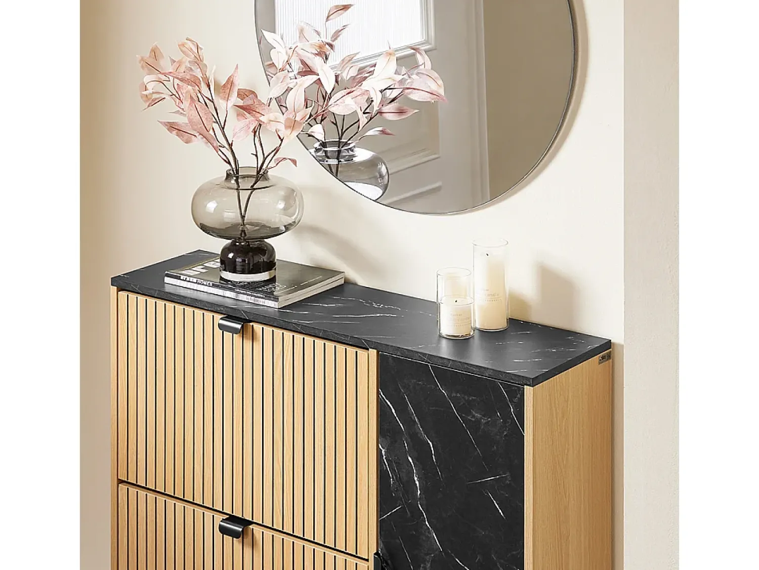 Hot Sobuy Sapateira fina economizadora de espaço com 2 portas rebatíveis para 8 pares de sapatos design moderno em mármore e madeira clara fixação anti-inclinação Preto