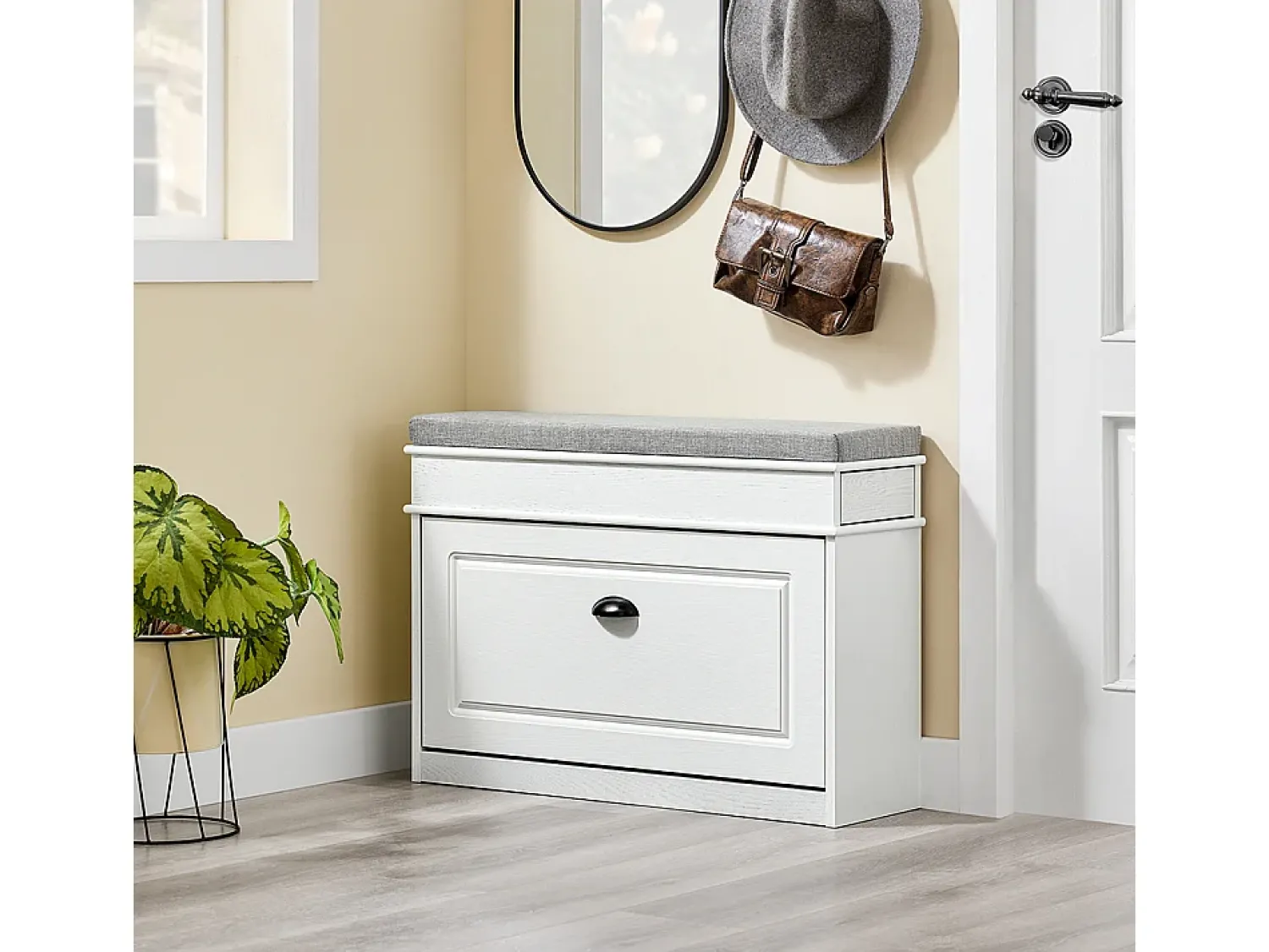 Móvel De Arrumação|Sapateira|Sobuy Sapateira Fina Economizadora de Espaço com Banco Efeito Madeira Envelhecida 75x24x51cm Branco