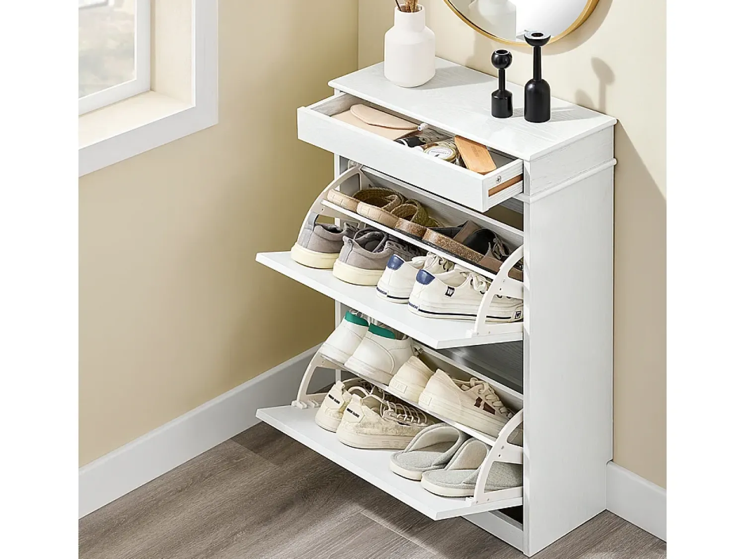 Hot Sobuy Sapateira Fina Economizadora de Espaço com 2 Portas Dobráveis para Entrada Corredor ou Quarto Efeito Madeira Envelhecida Branca 54x24x82cm Branco