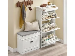 Móvel De Arrumação|Sapateira*Sobuy Sapateira Fina Economizadora de Espaço com 3 Portas Dobráveis Efeito Madeira Envelhecida Branca 53x24x118cm Branco