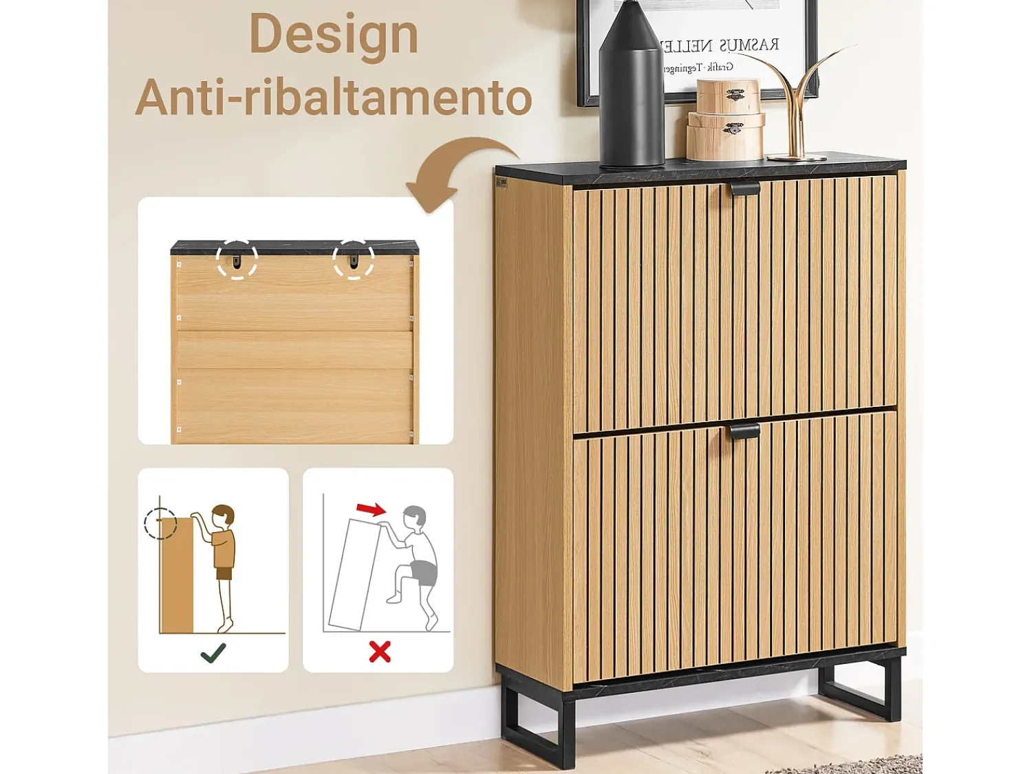 Sobuy Sapateira Slim 2 portas poupa espaço moderna para 8-12 pares estrutura resistente efeito mármore e madeira clara 60x24x88cm^ Móvel De Arrumação|Sapateira
